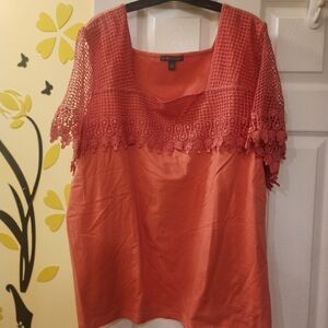 Orange Boxy Blouse with Square Neckline and Short Sleeves